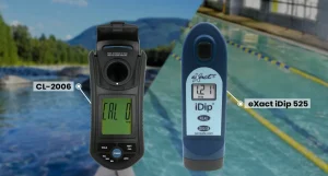 imagen de piscina y un rio de fondo con 2 equipos adelante de clorimetros